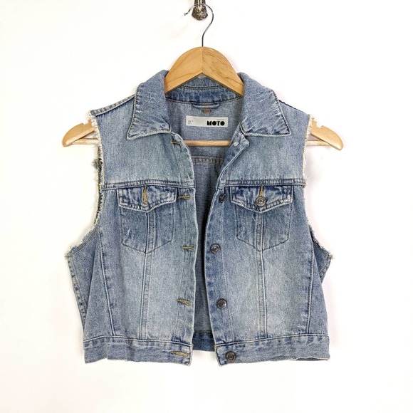 Jackets & Coats Size 8 Womens Denim Distressed Collared Sleeveless Crop Jean